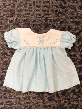 Vintage Light Blue Embroidered Bow Dress Baby Girl 0-3 Months Collared Lace 80s